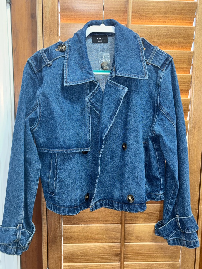 Vici Dark Blue Cropped Trench Denim Jacket